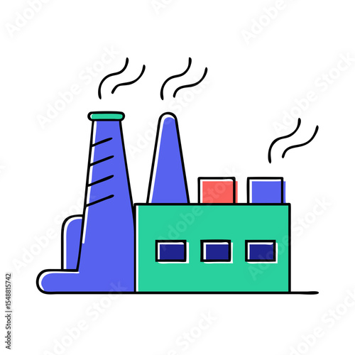 Industrial factory building with smoke from chimney line color icon, for business and technology vector illustration