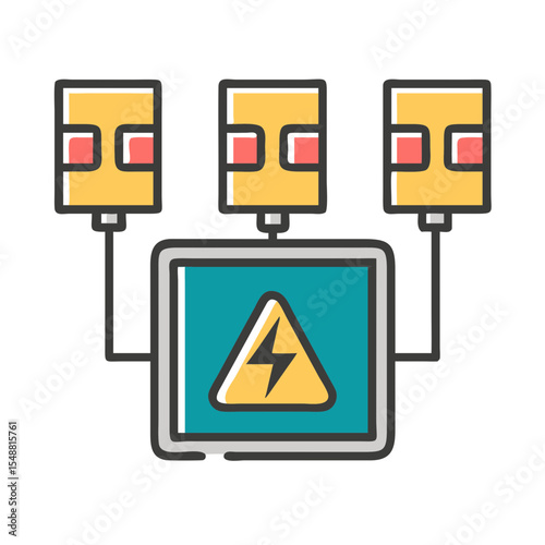 Electric current icon on screen with connected devices, concept of power distribution and energy supply vector illustration