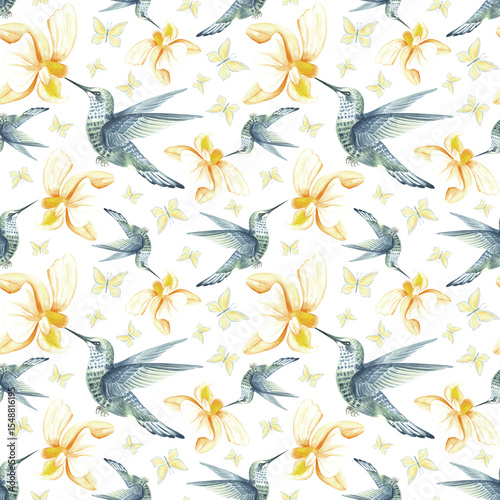 Flying hummingbird with yellow orchid flowers and butterflies watercolor illustration. Hand drawn seamless pattern with tropical phalaenopsis and bird. Botanical template for jungle exotic background.