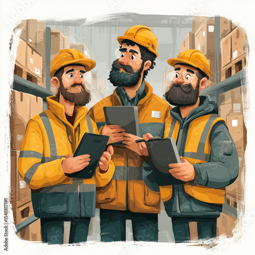 Three men in yellow jackets are standing in a warehouse. They are wearing hard hats and holding tablets