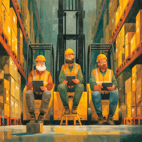 Three men in yellow safety vests are sitting in a forklift. They are looking at something on their tablets