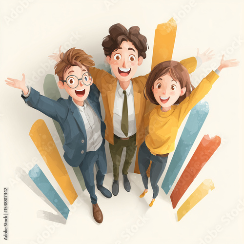 Three people are smiling and standing in front of a colorful background. Concept of happiness and positivity