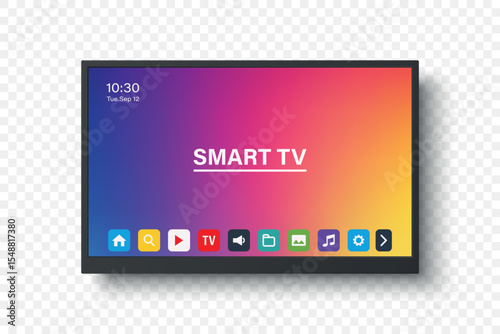 Vector 3d Realistic Smart TV Interface with Apps on Screen. Flat Smart Television Mockup with Remote App Icons, Colorful Home Media Display, Streaming Dashboard, Smart Display Panel, Modern TV