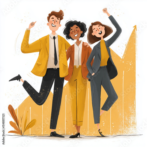 Three people are standing together, smiling and hugging. They are dressed in business attire, and the image conveys a sense of positivity and teamwork