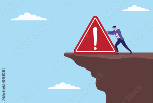 Vector illustration of a businessman trying to push a warning icon down a hill, symbolizing efforts to eliminate danger, reduce risk, or overcome looming business threats
