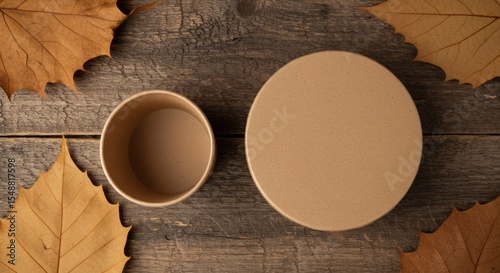 Eco Friendly Cardboard Food Containers on Rustic Wooden Background with Autumn Leaves