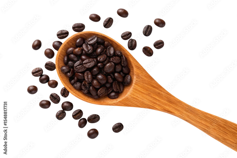Obraz premium Roasted coffee beans in wooden spoon isolated on transparent background