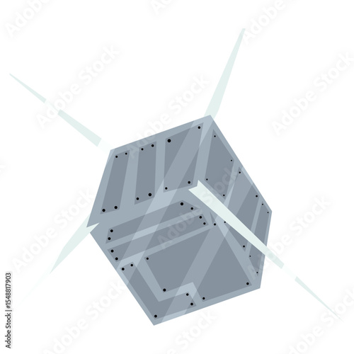 Vector illustration of a CubeSat-style satellite floating in outer space, equipped with extended antennas. This minimalist representation of a small modular satellite is ideal for topics related to it