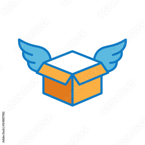 Orange box with extended blue wings symbolizing speed, express motion, and air transportation, representing fast shipping and efficient delivery service.