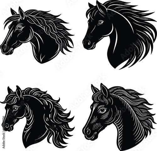 set of black horse head silhouettes vector icon on white background