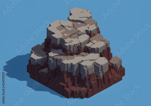 Isometric Pixelated Mountain Cliff with Shadow on Blue Background, Digital Art.