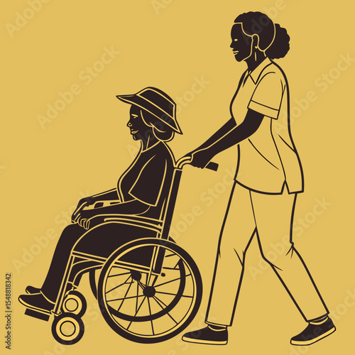 Caregiving Silhouette – Person Assisting Wheelchair User on Mustard Yellow Background
