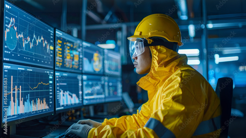 An engineer monitors data on a multi-screen setup An engineer monitors data on a multi-screen setup