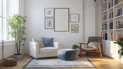 Bright living room with plants, bookcase, armchair, cushions, blank frame above chair, and rug