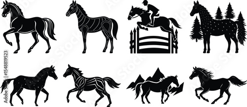 set of horses Silhouette black Unicorn Horse head of Mare Art & Illustration silhouette vector