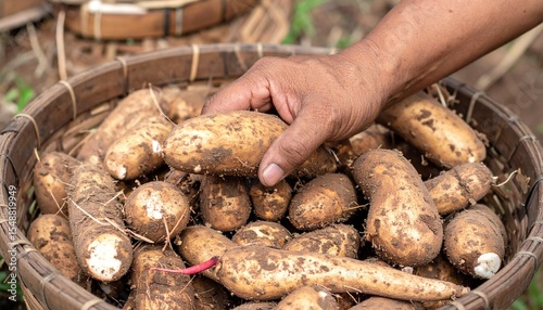 A basket overflowing with fresh, earthy yams, a hand holding one. The scene is an homage to the richness of natural foods