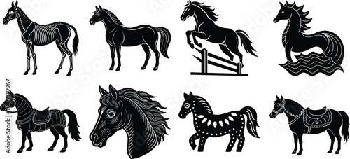set of horses Silhouette black Unicorn Horse head of Mare Art & Illustration silhouette vector
