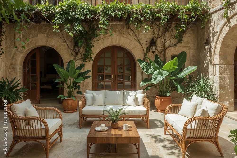 Fototapeta premium Elegant Villa Courtyard Dining Area with Wooden Furniture and Decorative Plant Landscaping Mediterranean Design