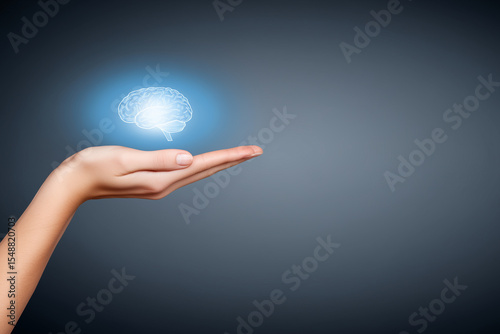 womans hand holding glowing brain-shaped lightbulb, neural thinking and futuristic creativity, stock photo style