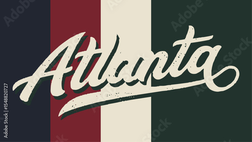 Stylish Atlanta Script Typography Design on Retro Striped Background for City-Themed Apparel, Travel Souvenirs, Local Business Branding, and Vintage Graphic Art