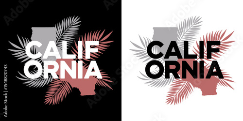 Trendy California State Silhouette Design with Tropical Palm Leaves for West Coast Apparel, Travel Souvenirs, Summer Merchandise, and Destination-Themed Graphics