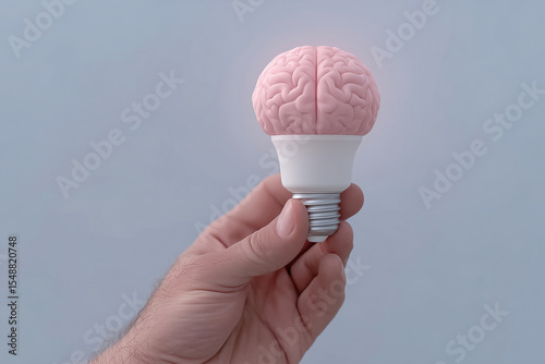 womans hand holding glowing brain-shaped lightbulb, neural thinking and futuristic creativity, stock photo style