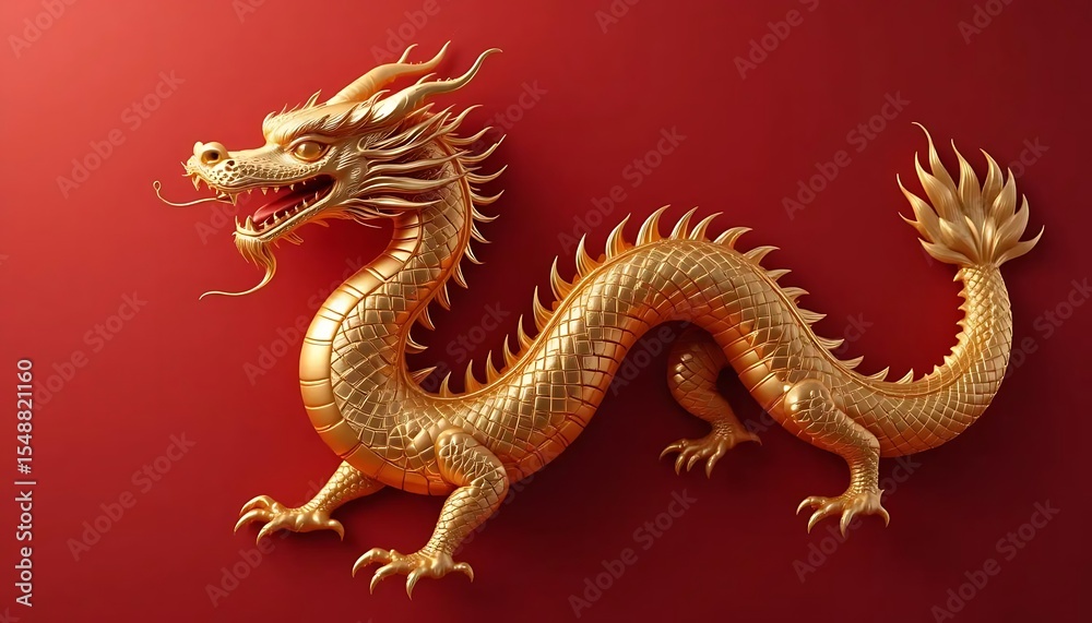 Fototapeta premium golden chinese dragon on red background. 3D style