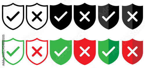 Shield with tick mark in green and cross mark in red colour and stroke with white background, check and cross mark icon set. checkmark and x mark icon use for apps and website. checkmark, icon, vector