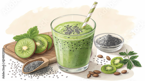Healthy kiwi smoothie recipe with chia seeds for weight loss and detox diet, green vegan drink idea