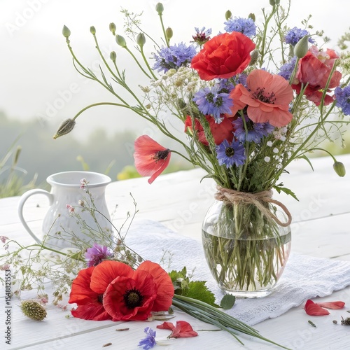 Wildflower Bouquet in Glass Vase Red Poppies, Cornflowers, Summer Blooms, Floral Arrangement Wildflowers, Summer bouquet