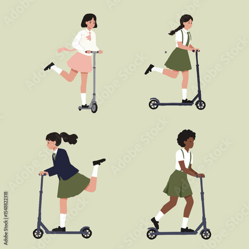 young school girls in modern and stylish school uniforms each riding a scooter