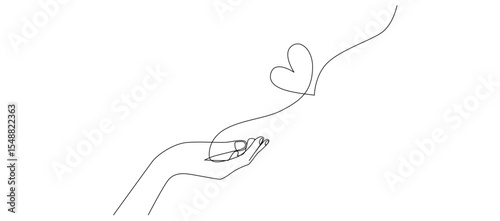one continuous line drawing of hands holding heart. Concept of love relationship and volunteer organisation symbol.Vector illustration eps 10