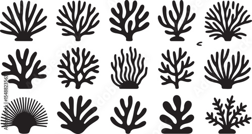This image features various types of coral and marine organisms in silhouette, showcasing intricate and diverse shapes for underwater themes.