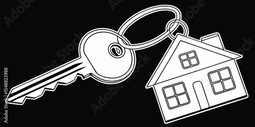 House keys with house shaped key chain, isolated on black background vector illustration.