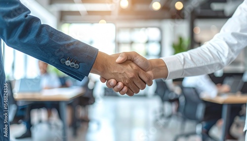 Business partners sealing a deal with a firm handshake, conveying trust and agreement, with a bright background