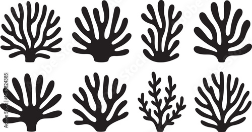 This image features various types of coral and marine organisms in silhouette, showcasing intricate and diverse shapes for underwater themes.