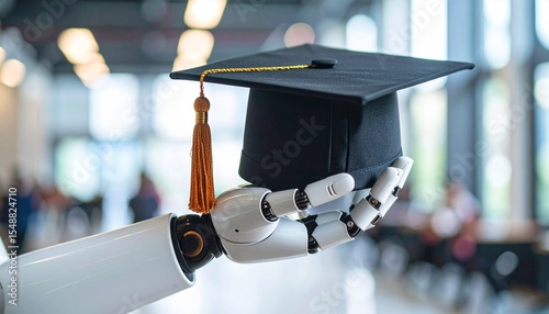 A robotic hand is holding a graduation cap, symbolizing the rise of artificial intelligence in education and future learning opportunities. The image conveys the convergence of technology.
