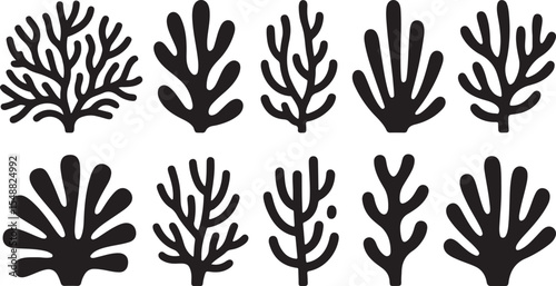This image features various types of coral and marine organisms in silhouette, showcasing intricate and diverse shapes for underwater themes.