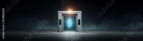 High security corporate entrance, biometric scanner fingerprint authentication, modern technology secure access digital security
