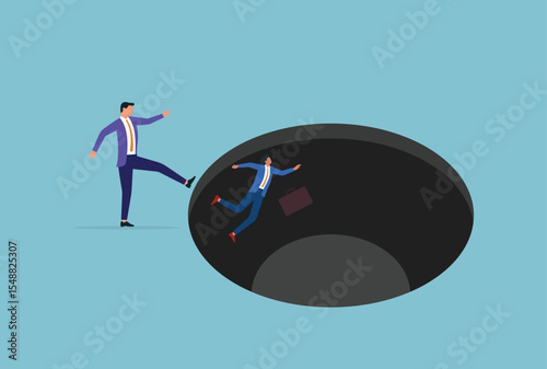 Vector illustration of a businessman kicking another businessman into a hole, symbolizing workplace rivalry, betrayal, or harsh tactics in competitive business environments