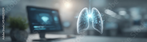 Futuristic digital lung scan glowing in modern x-ray room, advanced medical technology, hospital innovation blue tone