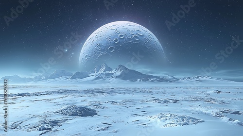 Icy Alien Moon Orbiting Gas Giant in a Dark Space