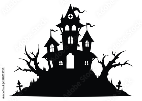 A dramatic, black silhouette of a haunted castle perched atop a hill with barren trees and grave markers.