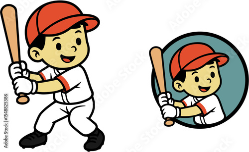 cute boy wearing hat and jersey baseball kid hit stick baseball cartoon mascot vector logo illustration ai generate