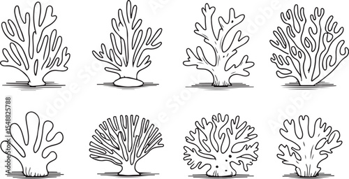 This image features various types of coral in outline style, showcasing diverse shapes with prominent shadows for ocean-themed designs.