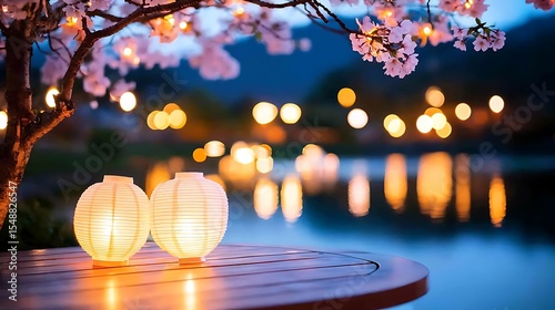 Illuminated Sakura Tree at Night with Lanterns and Water Reflections