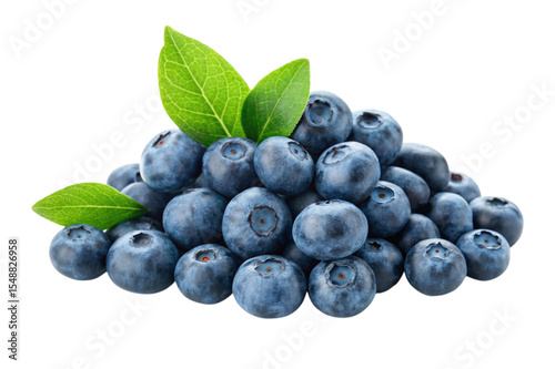 Fresh blueberries pile with green leaves isolated on transparent background