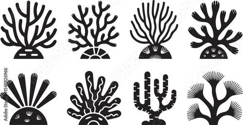 This image features various types of sea plants and aquatic flora, rendered in detailed line art, suggesting a vibrant underwater environment 