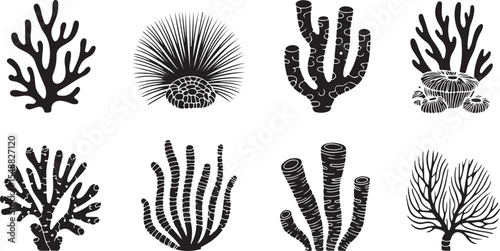 This image features various types of tropical and broad-leaf coral in both textured and solid silhouette forms, suggesting an underwater ecosystem or marine botanical collection.