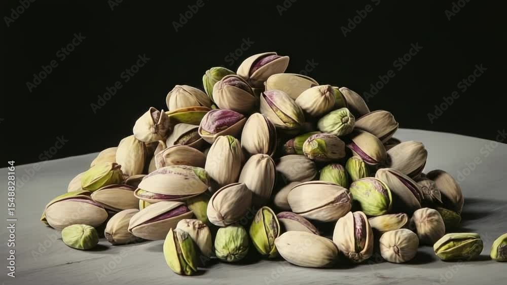 Piled pistachios arranged on a gray surface highlighting their unique textures and colors in a simplistic setting
